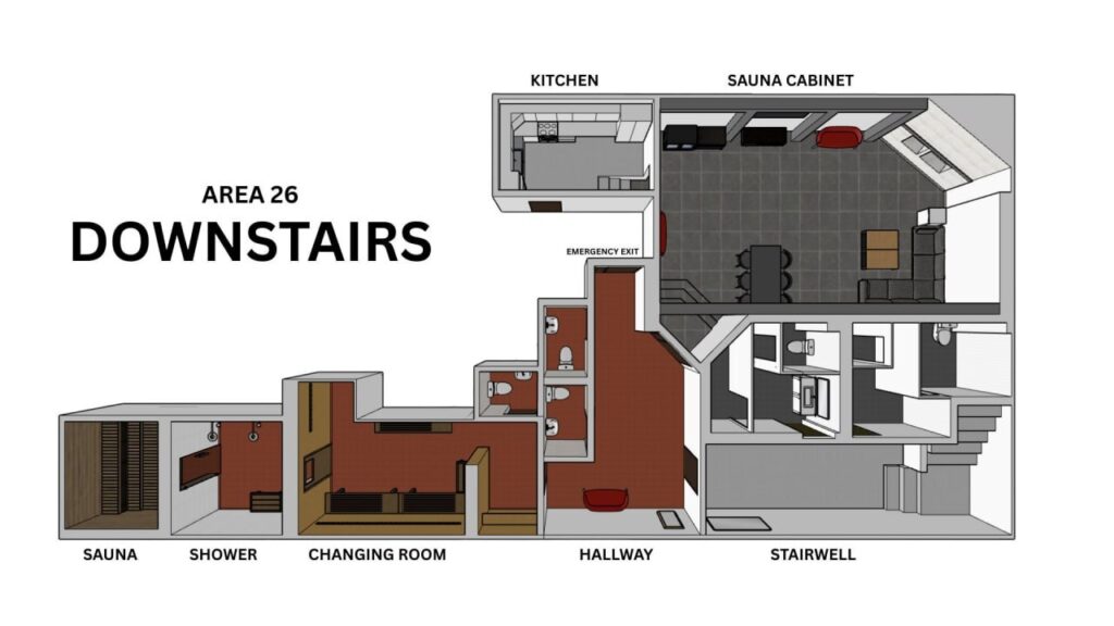 3D picture of Area26 downstairs. 