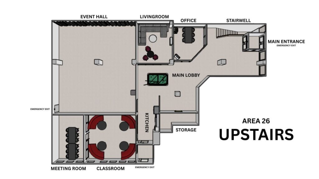 3D picture of Area26 upstairs. 